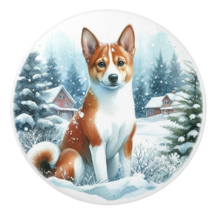 Bouton De Porte En Céramique Art de l'aquarelle d'hiver Cute Basenji