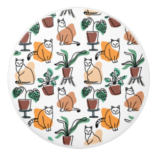 Bouton De Porte En Céramique Art de trait dessin chats et fleurs