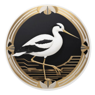 Bouton De Porte En Céramique Art Déco American Avocet Bird Black White Gold