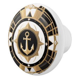 Bouton De Porte En Céramique Art Déco Ancre Noir et Or Nautique