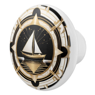 Bouton De Porte En Céramique Art Déco Bateau à voile Noir Blanc et Or Nautique