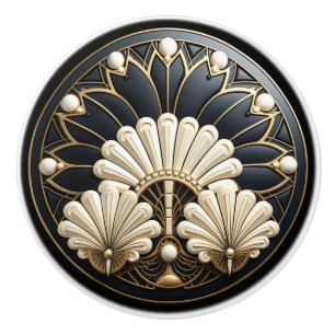 Bouton De Porte En Céramique Art Déco Beaux Ventilateurs Blancs Bordure Dorée É