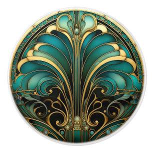 Bouton De Porte En Céramique Art Déco Fleur Fleurie Abstraite Turquoise Or