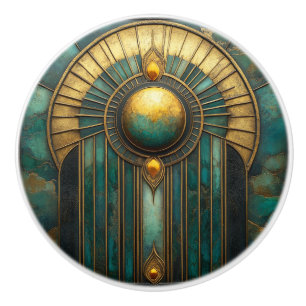 Bouton De Porte En Céramique Art Déco Or Turquoise Soleil Abstrait Lumineux
