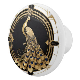 Bouton De Porte En Céramique Art Déco Peacock Bird Noir Blanc Or