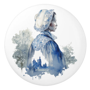 Bouton De Porte En Céramique Art Delft bleu et blanc avec scène de village de f