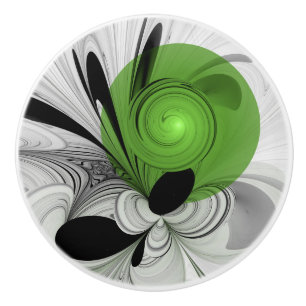 Bouton De Porte En Céramique Art fractal abstrait noir et blanc avec vert