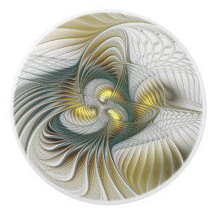 Bouton De Porte En Céramique Art fractal abstrait sarcelle doré noble