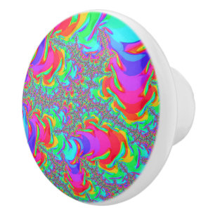 Bouton De Porte En Céramique Art fractal arc-en-ciel néon vibrant rétro défoncé