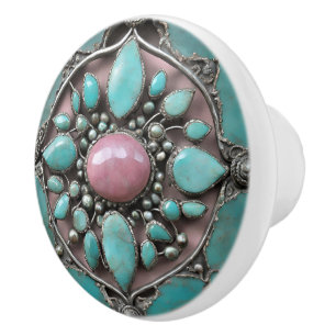 Bouton De Porte En Céramique Art joyal bohème en rose, aqua et argent