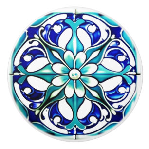 Bouton De Porte En Céramique Art Nouveau Blanc Aqua Bleu Géométrique