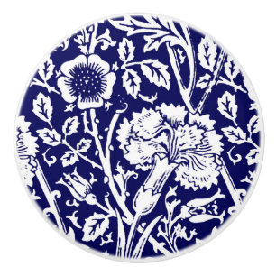Bouton De Porte En Céramique Art Nouveau Carnation Damask, Navy et Blanc