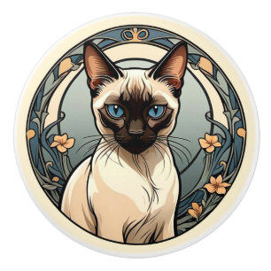 Bouton De Porte En Céramique Art Nouveau Chat Siamois
