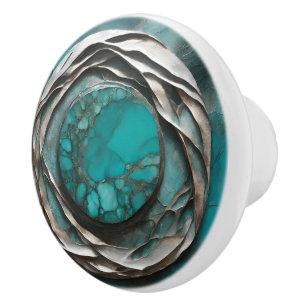 Bouton De Porte En Céramique Art Nouveau Océanique Turquoise Argent