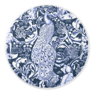 Bouton De Porte En Céramique Art Nouveau Peacock Print, Navy Blue and White