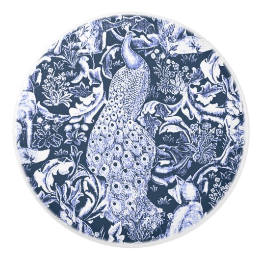 Bouton De Porte En Céramique Art Nouveau Peacock Print, Navy Blue and White (Devant)