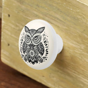 Bouton De Porte En Céramique Art populaire nordique Hibou grincheux Ivoire Noir