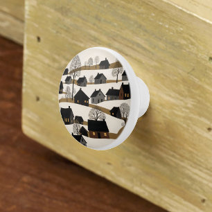 Bouton De Porte En Céramique Art populaire vintage Scène hivernale rustique
