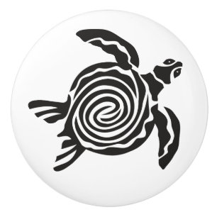 Bouton De Porte En Céramique Art tribal tortue noir et blanc