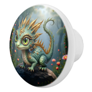 Bouton De Porte En Céramique Auren – Petit dragon de la forêt émeraude