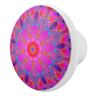 Bouton De Porte En Céramique Autocollant Mandala Fractal couleurs chaudes