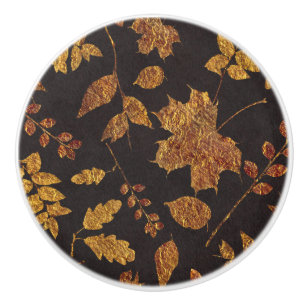 Bouton De Porte En Céramique Automne Rustique Feuilles Dorées Élégante Chute