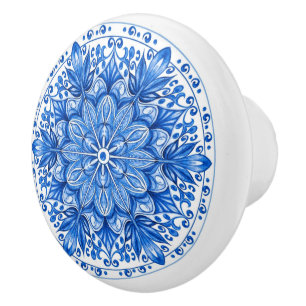 Bouton De Porte En Céramique Azulejo Floral Portugais Bleu Delft Méditerranéen
