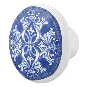 Bouton De Porte En Céramique Azulejo Maiolique Capri bleu et blanc de Delft