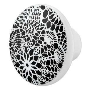 Bouton De Porte En Céramique B & W Faux Crochet Motif