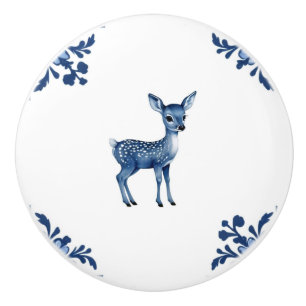 Bouton De Porte En Céramique Baby Deer Fawn Delft Blue and White Corners