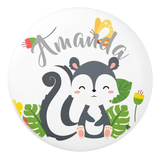 Bouton De Porte En Céramique Baby Skunk, Papillon & Fleurs (Devant)