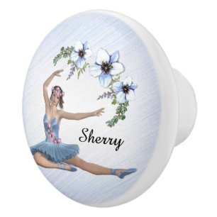 Bouton De Porte En Céramique Ballerine en Bleu Nom Personnel
