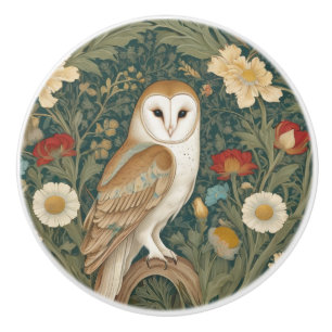 Bouton De Porte En Céramique Barn Owl William Morris style Face droite Fleurs
