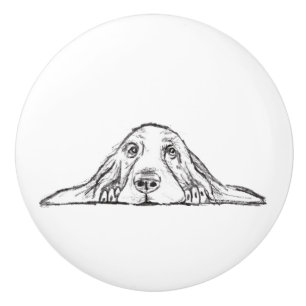 Bouton De Porte En Céramique basset hound noir blanc simple yeux de chiot