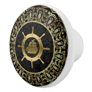 Bouton De Porte En Céramique Bateau nautique Gold & Black et cadre d'ornement