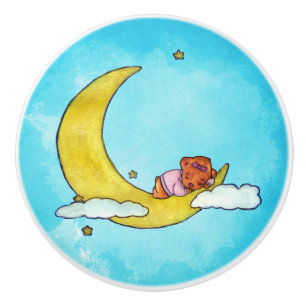 Bouton De Porte En Céramique Bébé endormi fille ours sur la lune