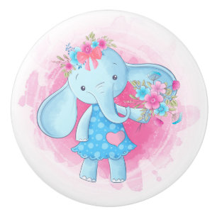 Bouton De Porte En Céramique Bébé mignon Fleurs d'éléphant Pink Bow Cartoon