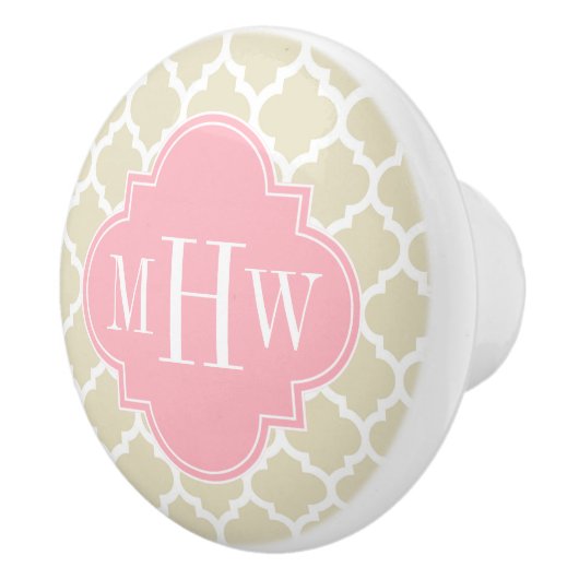 Bouton De Porte En Céramique Beige, White Moroccan #5 Pink 3 Initial Monogram (Droite)