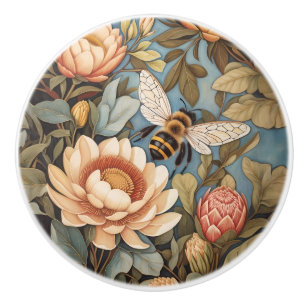 Bouton De Porte En Céramique Belle Abeille de Jardin avec Fleurs de Protéa
