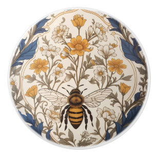 Bouton De Porte En Céramique Belle abeille florale vintage jaune et bleue