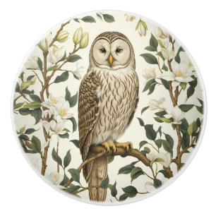 Bouton De Porte En Céramique Belle chouette de l'Oural et fleurs de magnolia