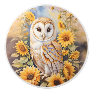 Bouton De Porte En Céramique Belle Chouette Et Fleurs De Soleil