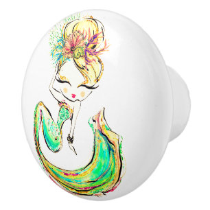 Bouton De Porte En Céramique Belle Fashionista Sirène Glamour Fille Céramique C