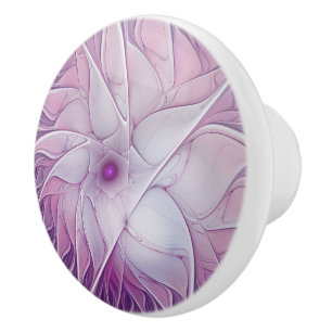 Bouton De Porte En Céramique Belle Fleur Rose Moderne Art Fractal Abstrait