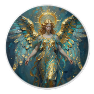 Bouton De Porte En Céramique Belle œuvre d'art angélique turquoise et or