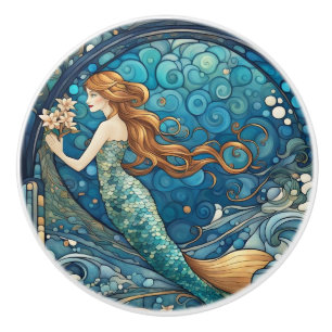 Bouton De Porte En Céramique Belle Sirène Art Nouveau Art Déco Bleu