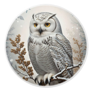 Bouton De Porte En Céramique Belle Thème d'Hiver de Harfang des Neiges Blanc