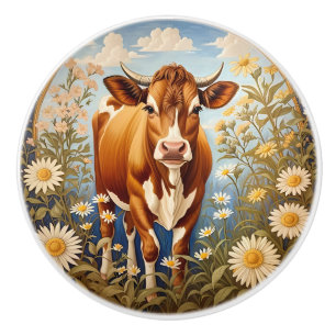 Bouton De Porte En Céramique Belle vache Jersey dans un champ de pâquerettes Vi