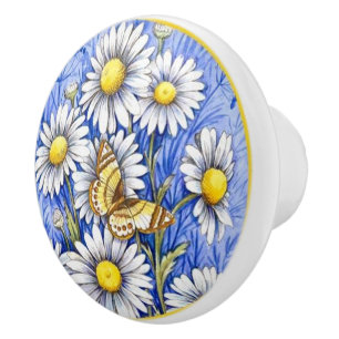 Bouton De Porte En Céramique Belles fleurs blanches sur arrière - plan bleu