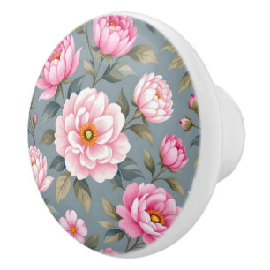 Bouton De Porte En Céramique Belles fleurs roses en fleurs